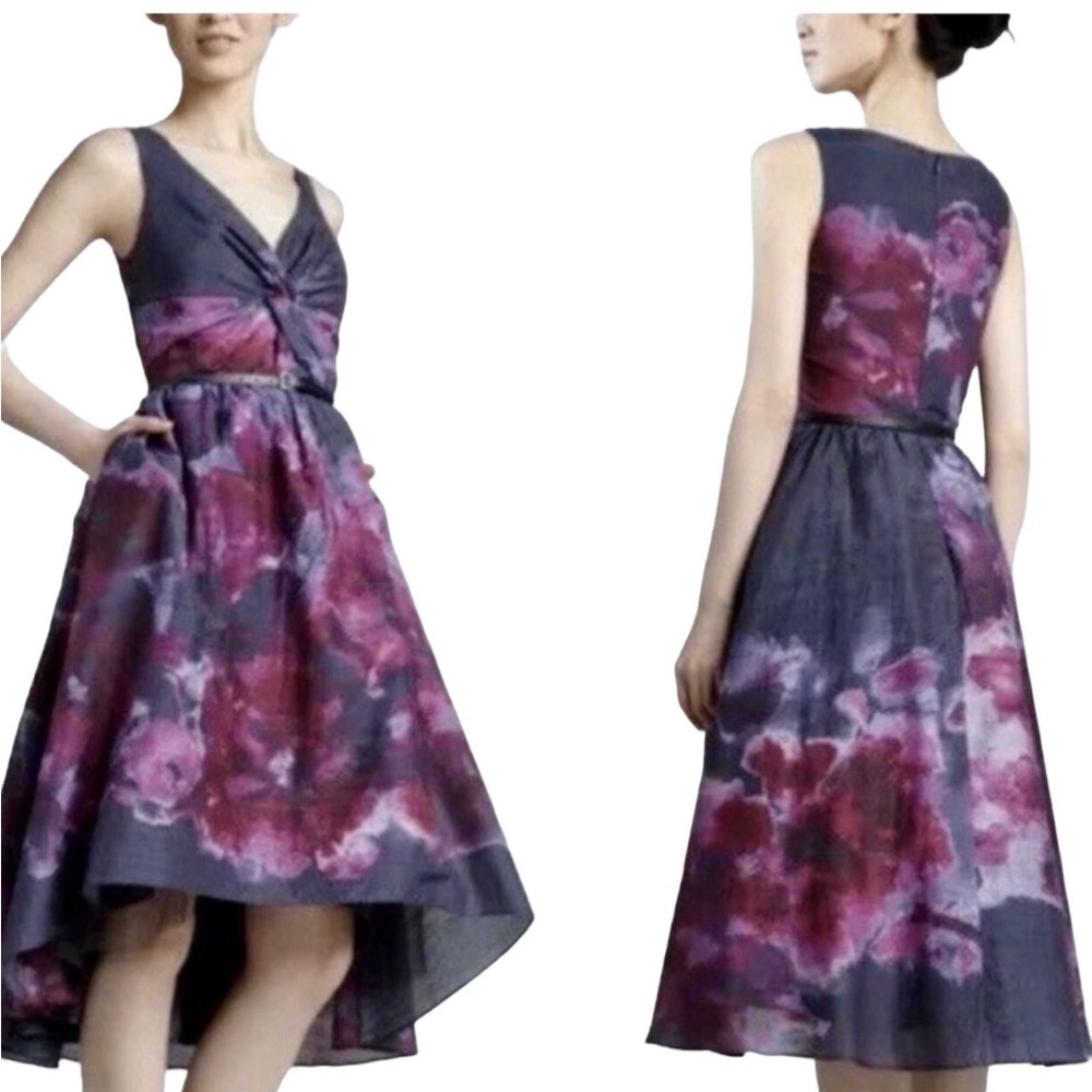 Lela Rose gray and purple floral‎ high low dress sweetheart neckline size 6